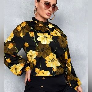 Plus Floral Print Ruffle Neck Bishop Sleeve Blouse